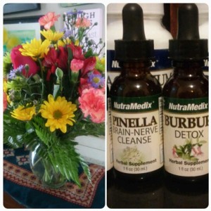Flowers from my wonderful friend Diane and a few of my Lyme treatment supplements. 